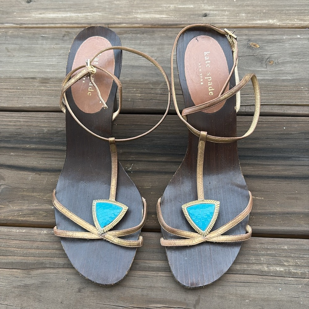 Kate Spade | Golden Strappy Wooden Wedge Sandals